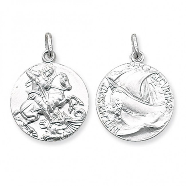 Sterling Silver Round Double Sided St George Pendant On A Snake Sterling Silver Round Double Sided St George Pendant On A Snake Necklace
